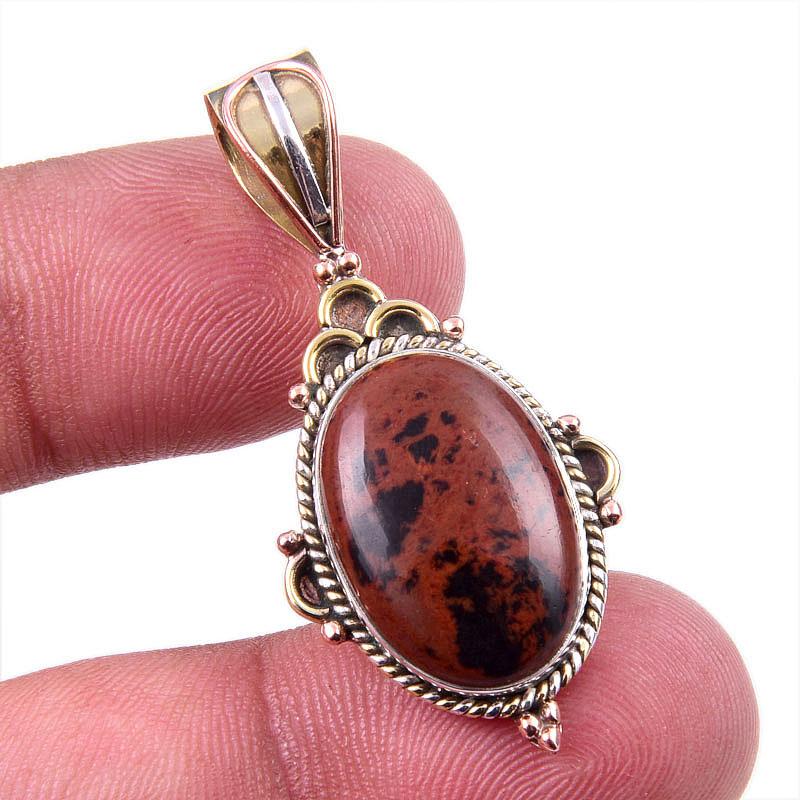 Natural Mahogany Obsidian Gemstone 925 Solid Silver Two Tone Pendant 1.50" t0S34