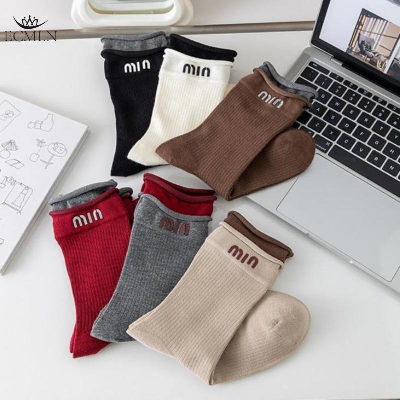 Ангоровые красные женские носки, модные носки средней длины с буквами, женские носки с цветными блоками и загнутыми краями