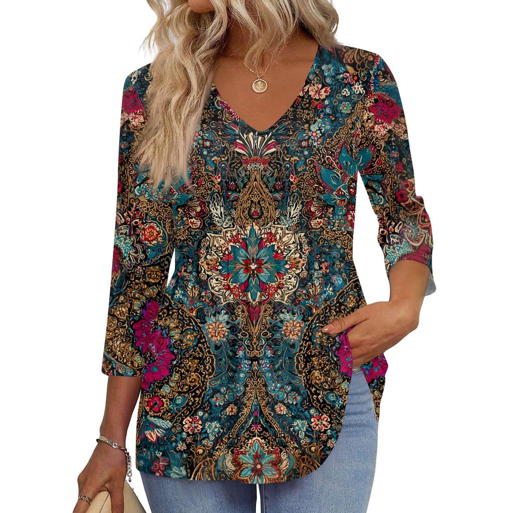 Women's T Shirt Print 3/4 Sleeve Fashion Basic V- Neck Regular Top