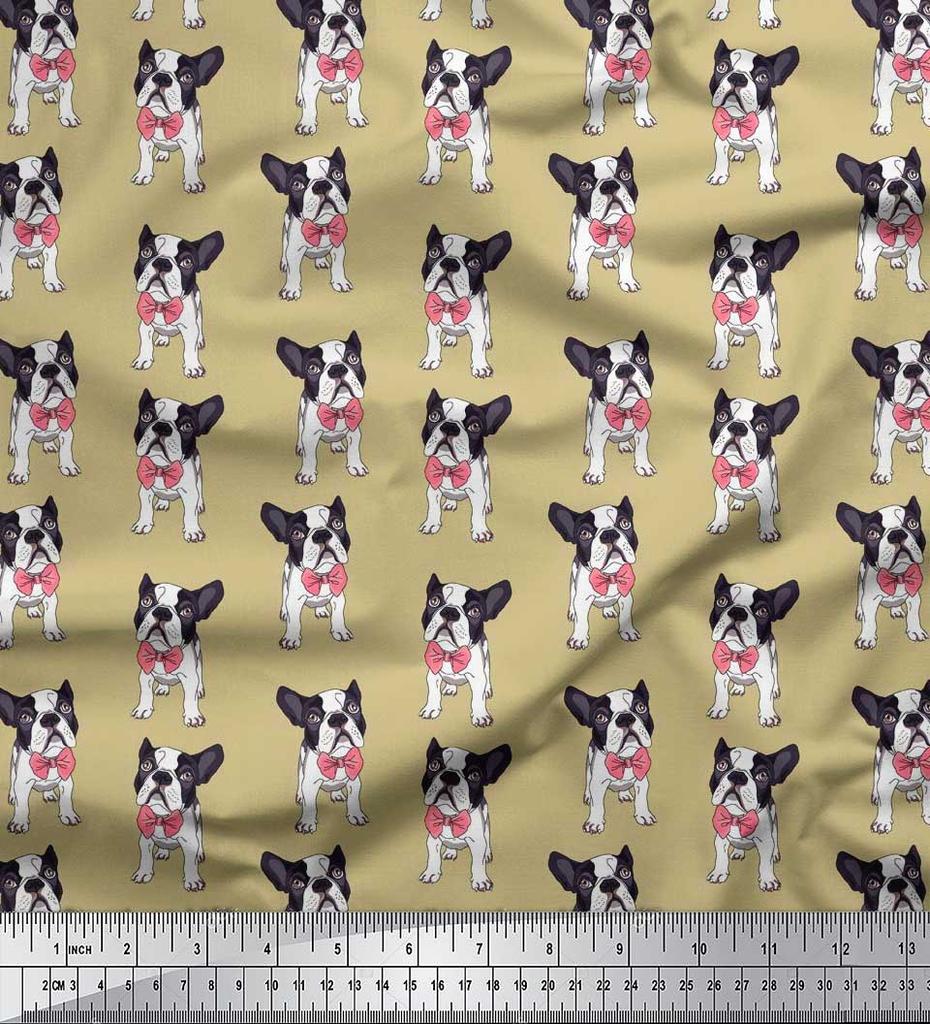 Soimoi Japan Crepe Satin Fabric Bow & Boston Terrier Dog Print Fabric by the Metre 42 Inch