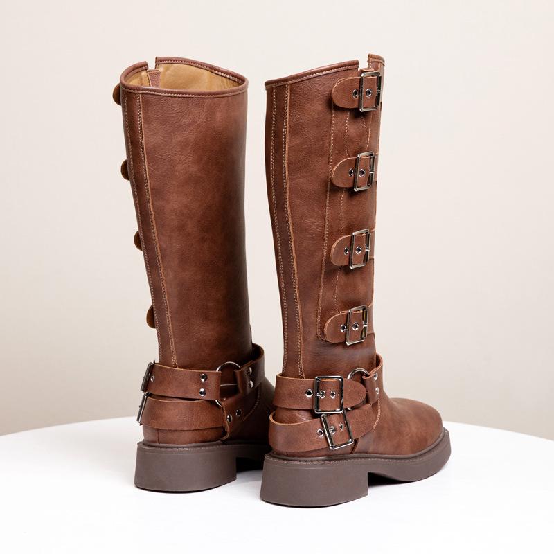 Женские винтажные коричневые ботфорты из натуральной кожи в стиле рыцаря и ковбоя