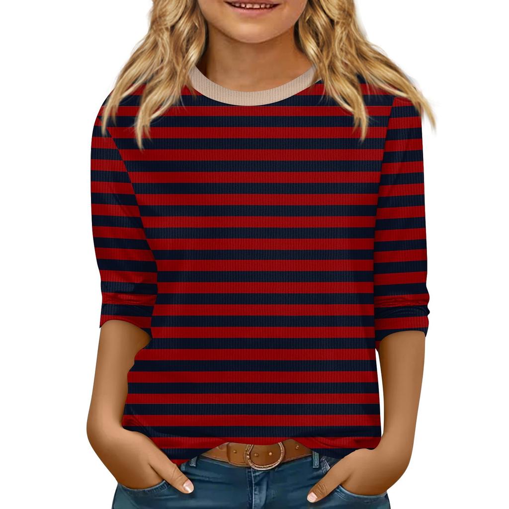 Children's 3/4 Sleeve Tops Knit Casual Print T Shirt Round Neck Pullover Blouse