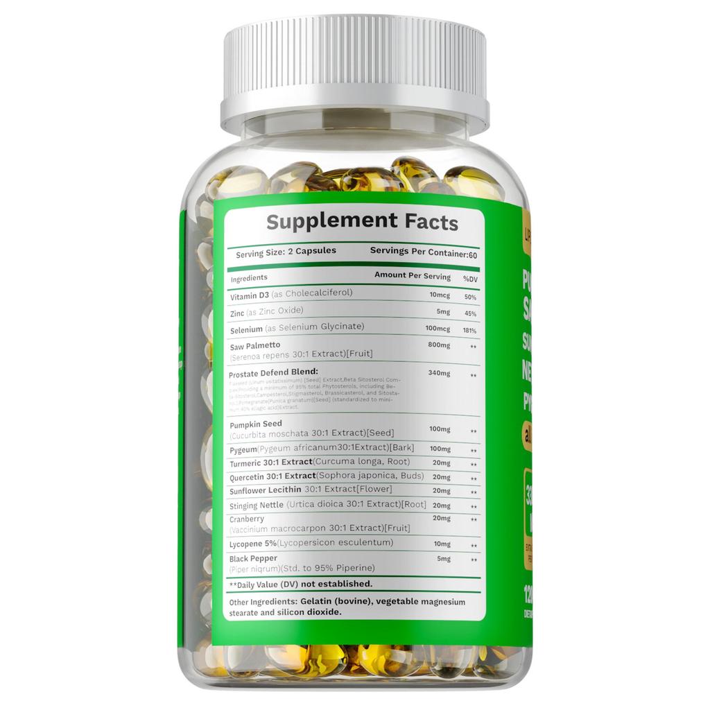 Prostate health supplement, 33060 mg per serving, contains saw palmetto and pumpkin seed extract, for men's prostate health.