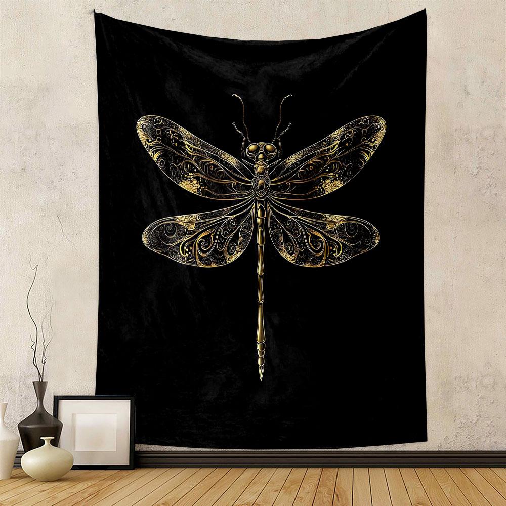 Golden Ornate Dragonfly Design Patterned Tapestry Decorative Wall Hanging, Home Bedroom Living Room Decor