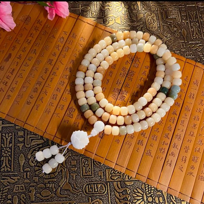 Temple Mutton Fat White Jade Bodhi Root 108 Beads Unisex Bracelet Necklace Pendant Buddhist Beads