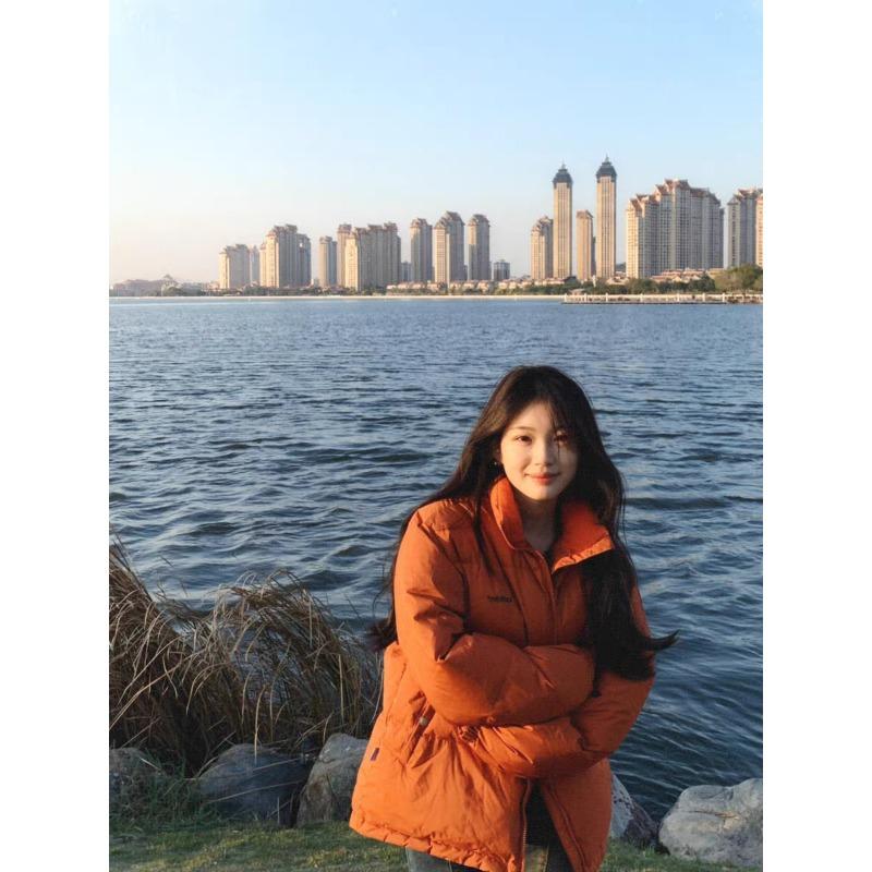 Orange down jacket women's short stand-up collar new winter tide brand loose couple bread jacket thickened