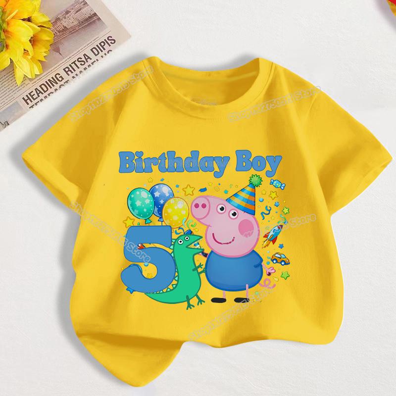 Peppas George Pig Boy Number T Shirt Children Birthday Clothes Short Sleeve Cotton Tee Cartoon Kid Tops Summer Toddler Clothing