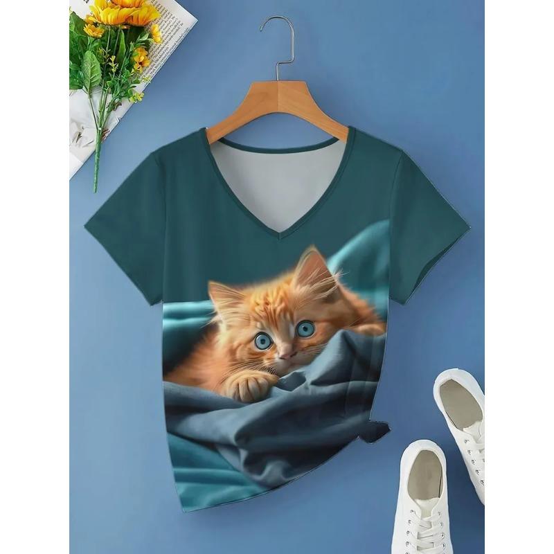 Женская футболка с V-образным вырезом, напечатанная на 3D-принтере, с рисунком котенка, универсальная, летняя, свежая, женская версия, дышащая, машинная стирка, топ для улицы