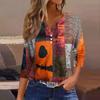 Women's Fashion Button-Up V-Neck Three-Quarter Sleeve Halloween Print Top
