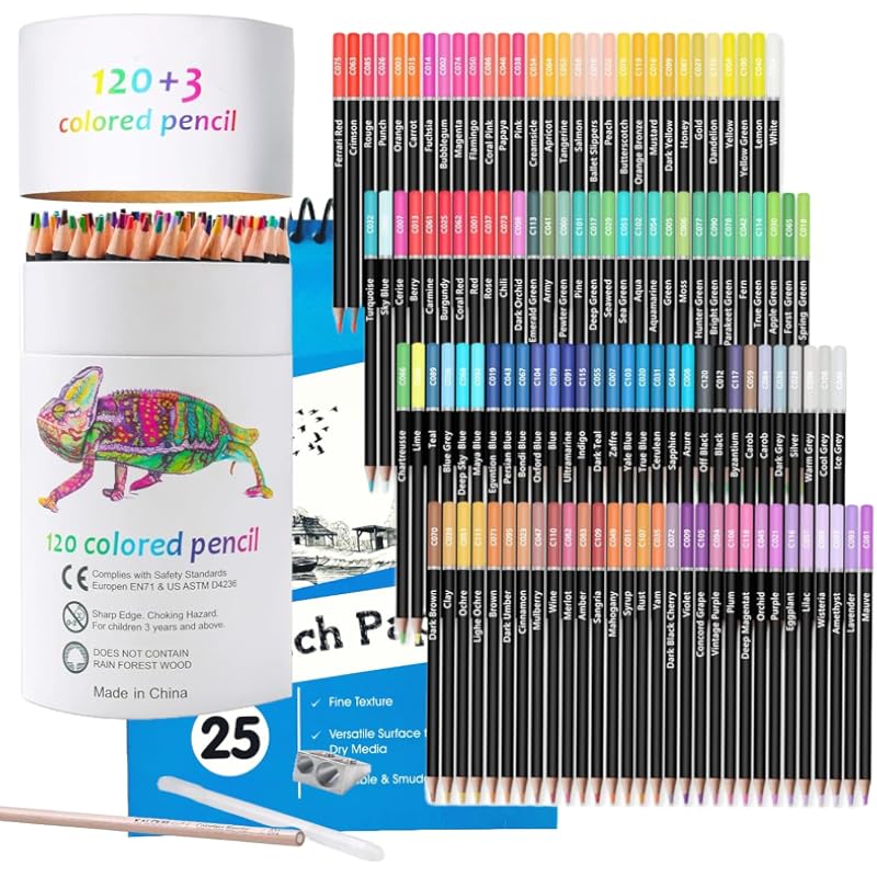 Corslet Premium Colour Pencils Set Of 120 & A5 Sketch Book 25 Sheets Pencil Colours Artists Soft Core Vibrant Color Penc
