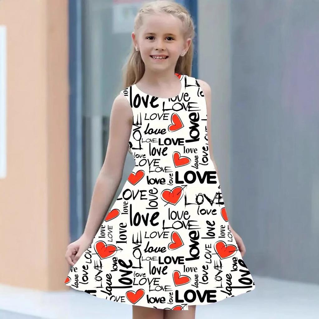 Fashion Girls Dresses Summer New Round Neck Vest Style 3D Printing Princess Skirt