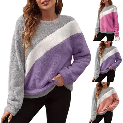 Женская мода повседневный круглый вырез контрастный цвет рукав со спущенным плечом флисовый пуловер с длинным рукавом топ
