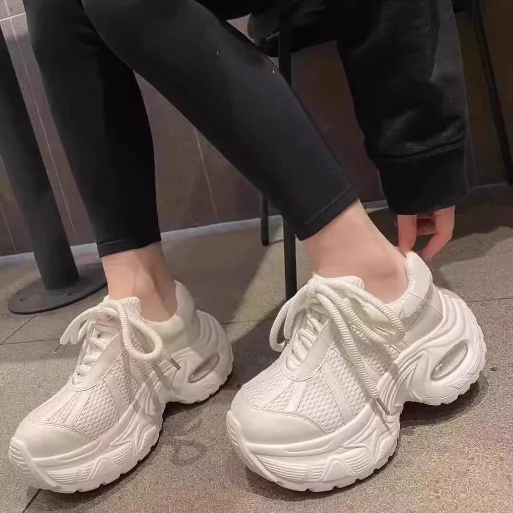 European Station Thick-soled Air Cushion Dad Shoes for Women 2025 Spring and Summer New Breathable Mesh Lace-up Heightening Sports and Leisure Shoes