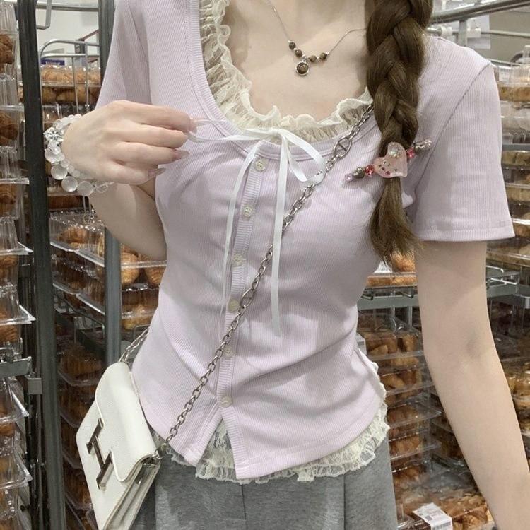 Plain Weave T Shirt With Lace Embroidery For Summer Casuals