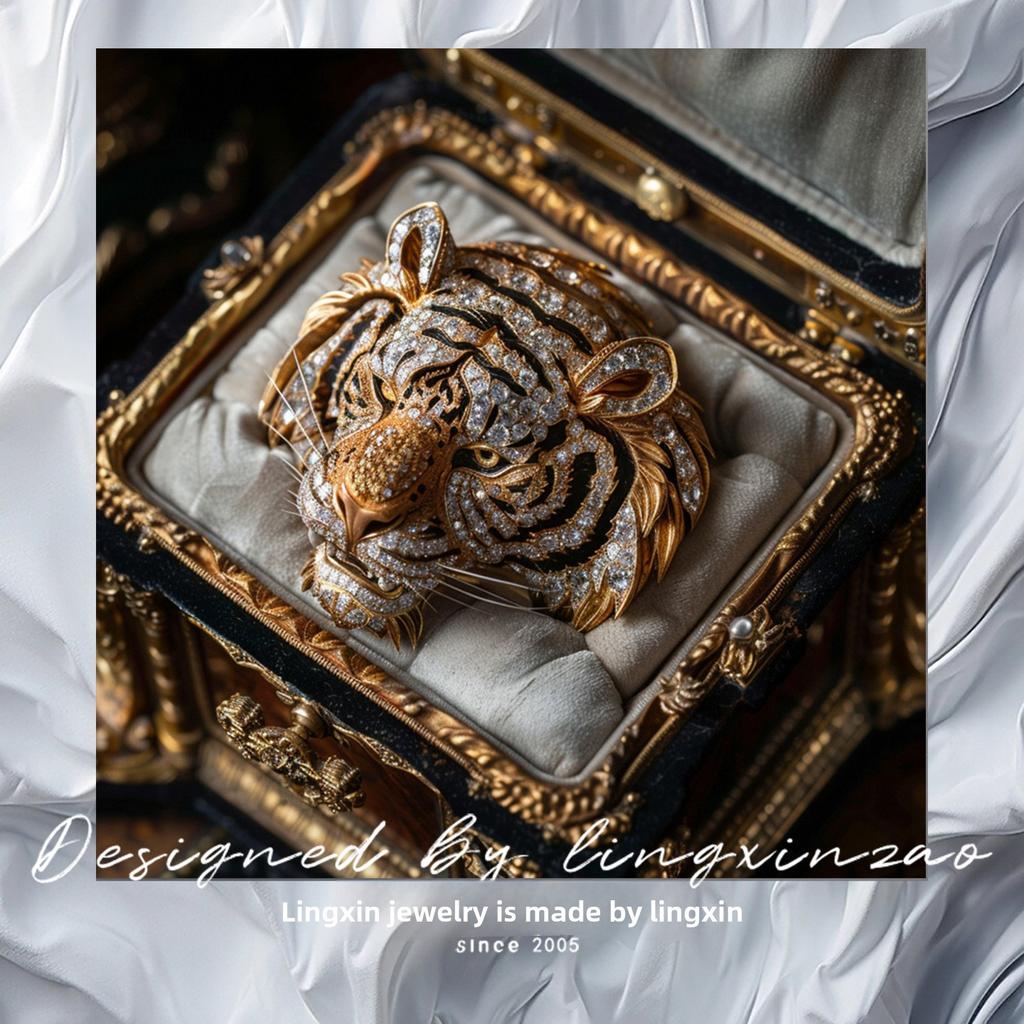 Luxury Gold Plated Copper Tiger Head Brooch, Full Paved CZ Crystal Animal Pin for Men Women Suit Accessory