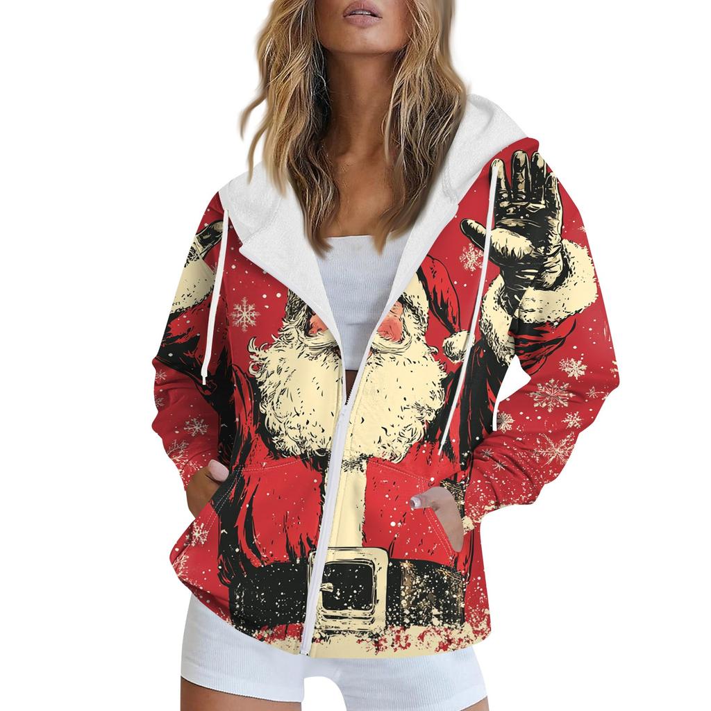 Women's Christmas Printed Sweatshirt Winter Long Sleeve Cardigan Jacket With Pockets Zipper Hoodie Outerwear