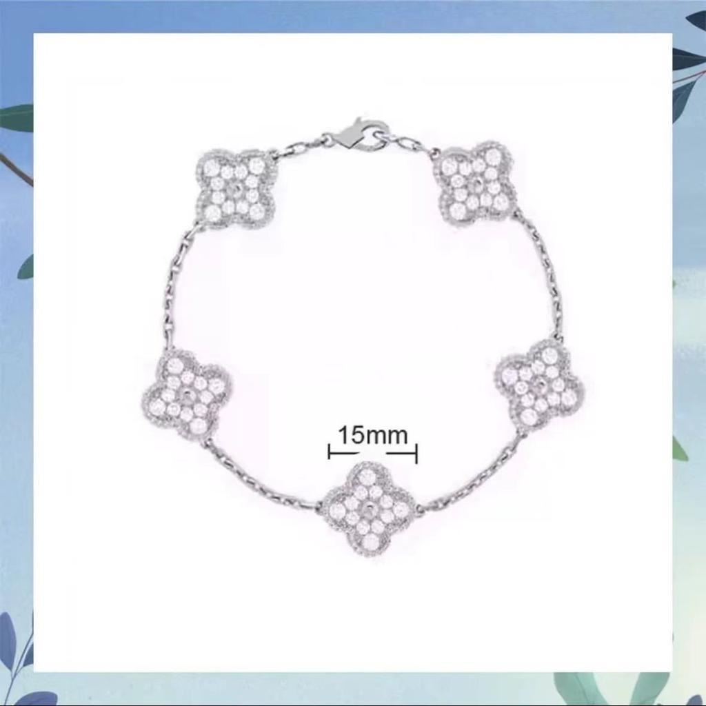 Браслет с четырехлистным клевером и пятью цветами, женский, 18k, с цветком удачи, с белым перламутром