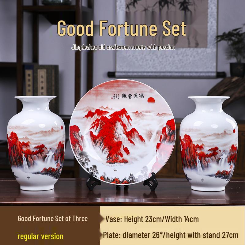 Good Fortune Jingdezhen Ceramic Vase Set: 3-Piece Décor for Living Room, Curio Shelf, or TV Cabinet