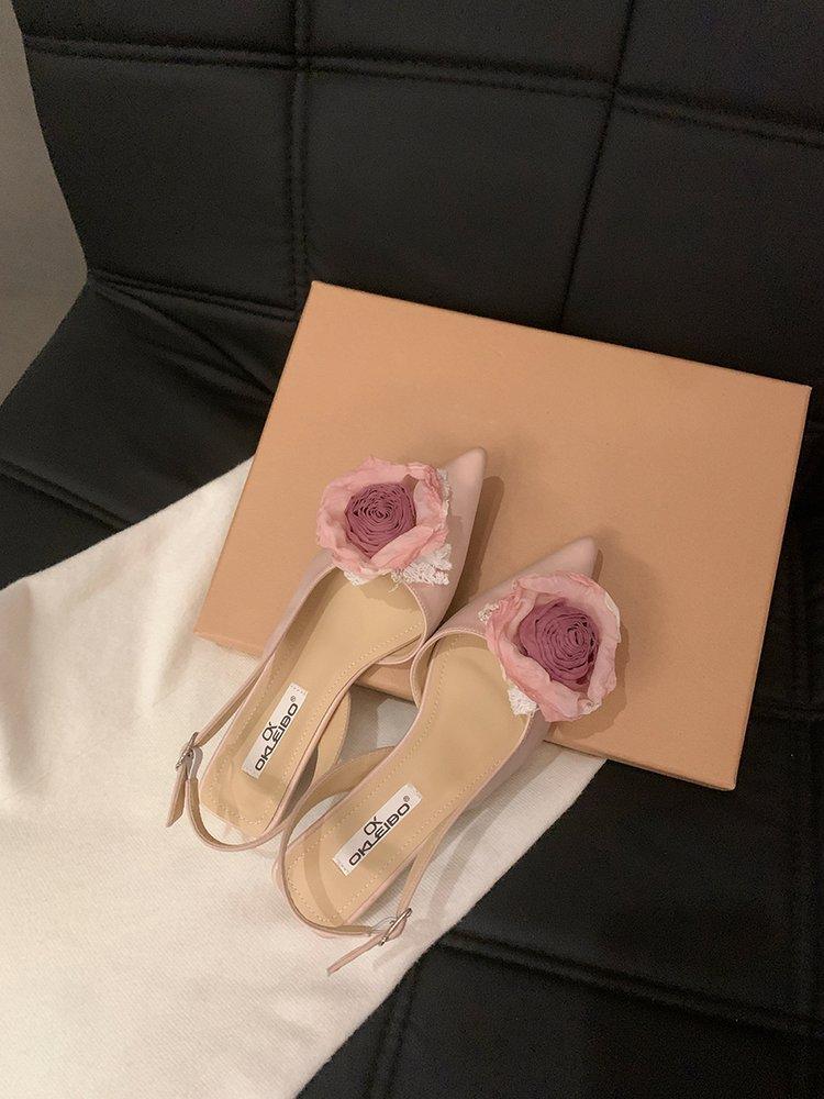 Модные французские босоножки на высоком каблуке с розовым носком, женские 24 новых летних сандалии на высоком каблуке с острым носком, женская обувь