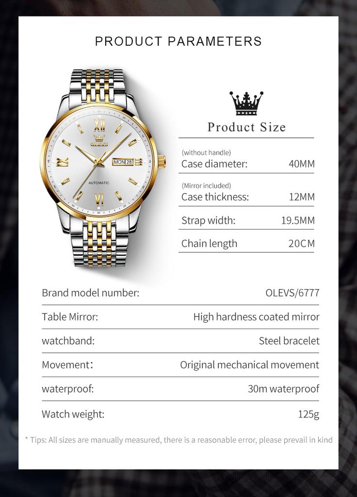 OLEVS 6777 Original Men's Watches Top Luxury Roman Scale Dual Calendar Waterproof Luminous Automatic Mechanical Watches for Man