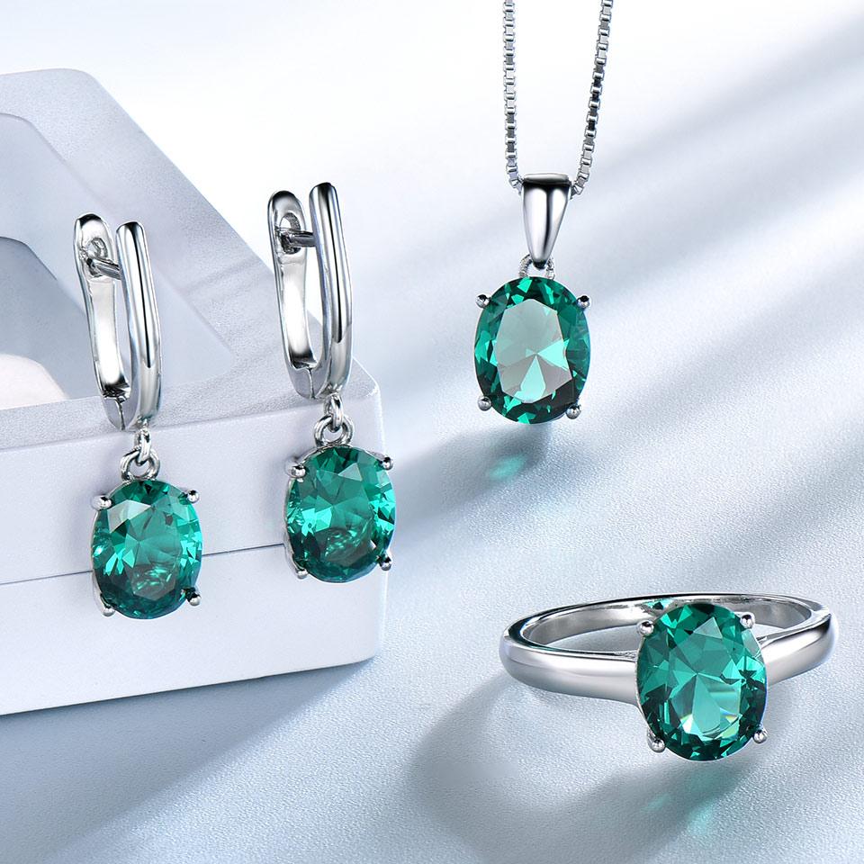 Nano Emerald Gemstone Wedding Jewelry Sets for Women 925 Sterling Silver Engagement Rings Necklace Pendant Clip Earrings