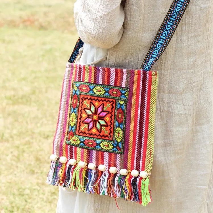 WTEMPO Ethnic Style Embroidered Single Shoulder Bags Women Casual Retro Tassel Leisure Vacation Travel Messenger Bags