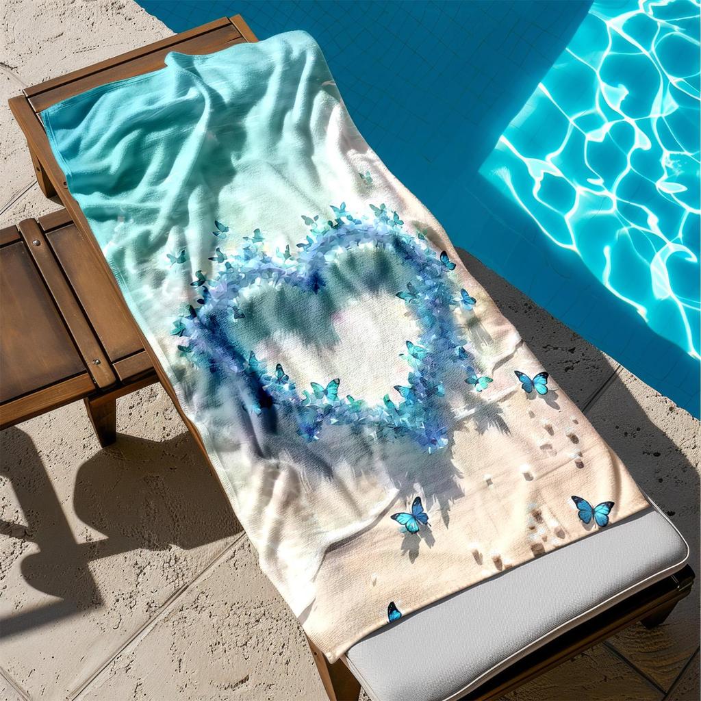 1pc Butterfly Heart on Seaside Bliss 2D Printed Microfiber Beach Towel, quick dry super absorbent. Great for beach, pool