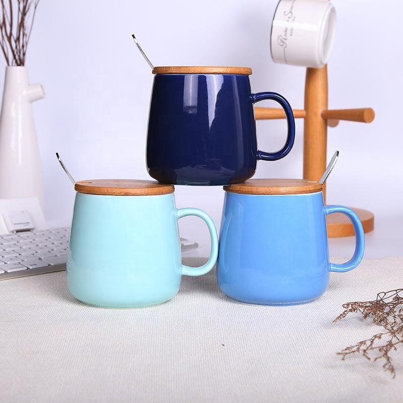 Best Eco Friendly Modern Color Glaze 12oz Ceramic Coffee Mugs Tea Cups with Bamboo Lid Spoon for Wedding Gift