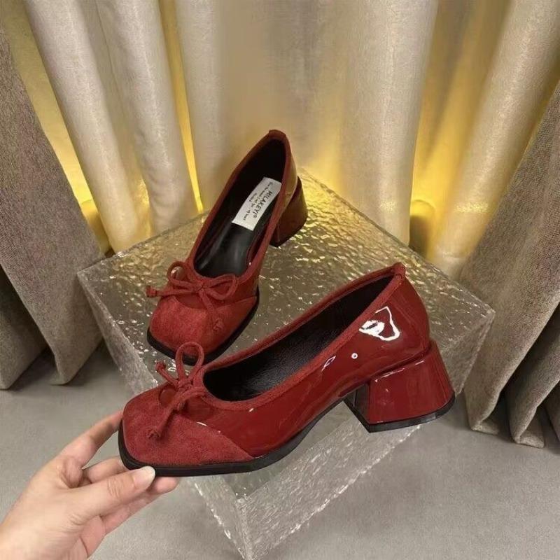 Women's Shoes Red Square Toe Ladies Pumps Block Heel with Bow Shoe Elegant Dress On Sale Quick Delivery Comfortable Spring Y2k