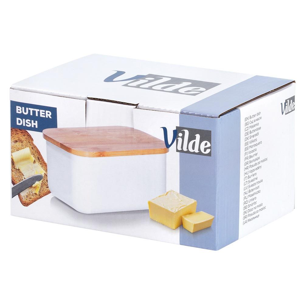 White steel butter dish with bamboo lid
