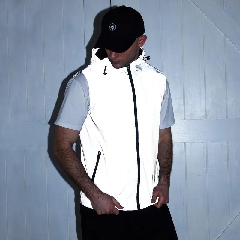 Spring Summer Reflective Vest Men's Hooded Outdoor Casual Cycling Jogging High Visibility Safety Glow Clothes Hip Hop Streetwear