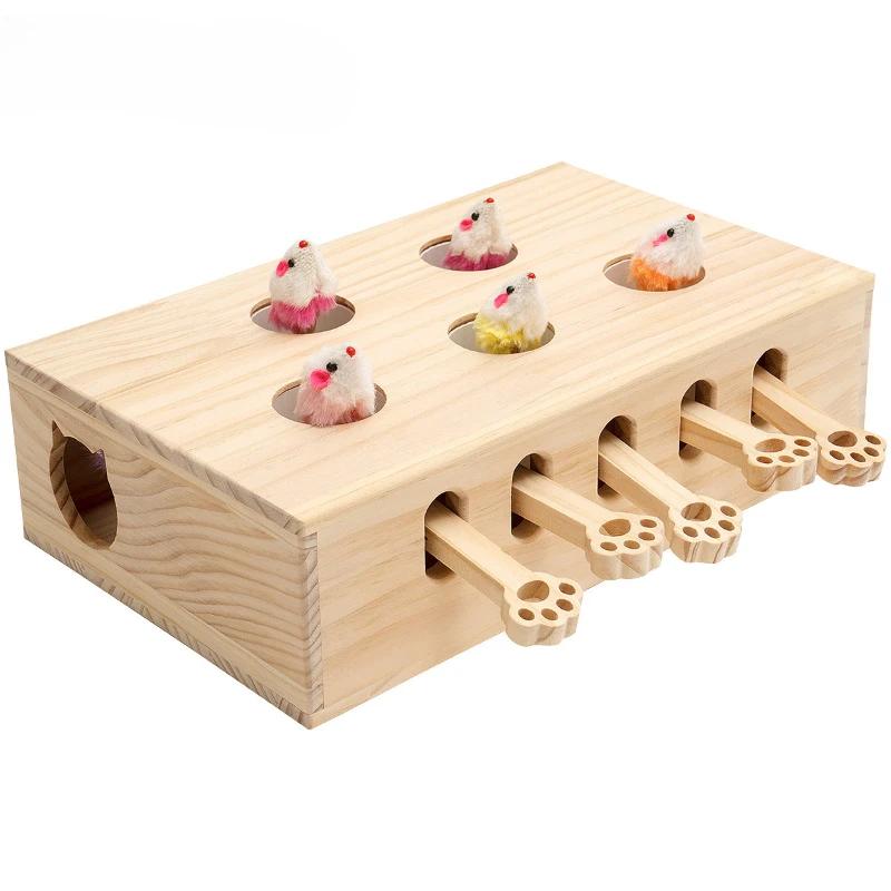Cat Toy Interactive Mole Fighting Solid Wood Toy Indoor Cat Kitten Mouse Catching Game