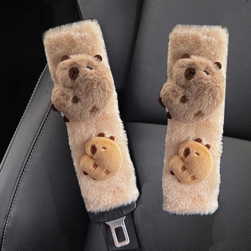 New Cute Cartoon Capybara Universal Car Seat Belt Cover Imitation Rabbit Fur Long Plush Auto Safety Shoulder Pad For Kids Ladys
