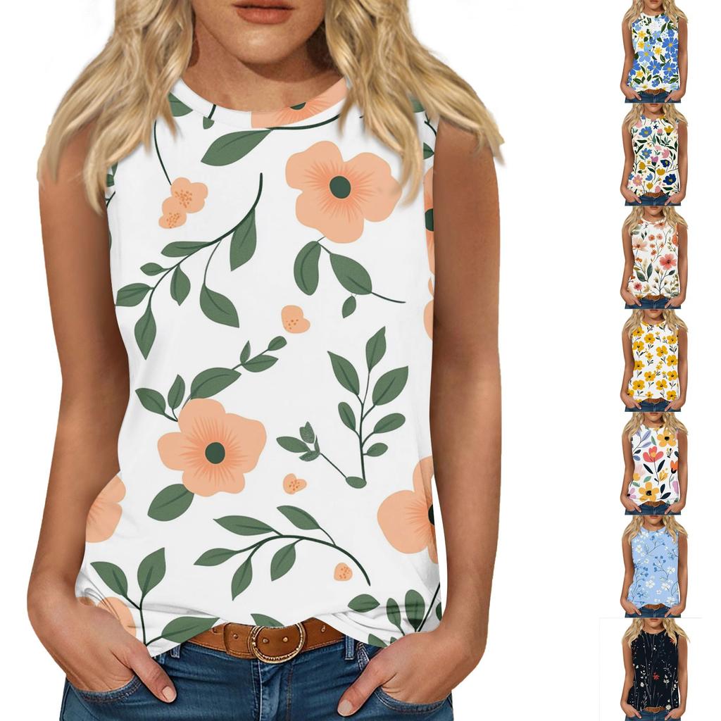 Women's Casual Round Neck Printed Sleeveless Vest Tops Vest