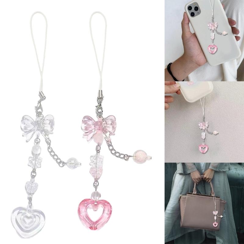 Sweet Bowknot Heart Bead Pendant Phone Straps Lanyard Pocket Keychain Strap