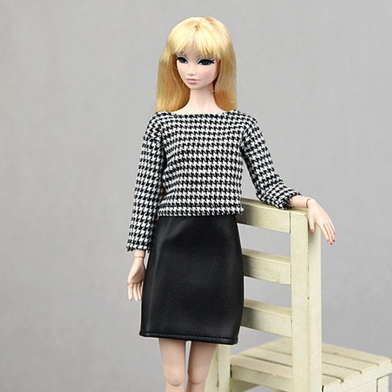Daily Clothes Set For Barbie Dolls Accessories Doll Outfits Houndstooth Plaided Tops & Black Skirt For Barbie Dollhouse DIY Toy
