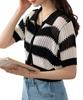 WEGO Collared Mesh Knit Short Cardigan with Short Sleeves and Girly Korean Size Black Stripe Women's T-Shirt, Streetwear, Style, Spring/Summer Outfit,
