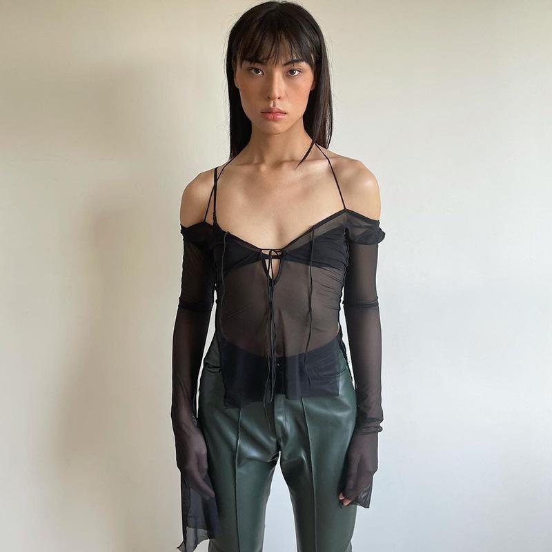 Женские блузки в стиле Харадзюку, летние сетчатые футболки с открытыми плечами для женщин, топ, женская футболка, женская футболка, топы с длинными рукавами, футболка