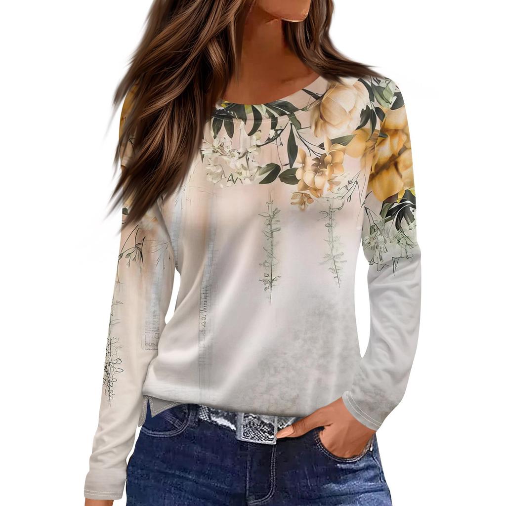 Women's Fashion Casual Slit Hem Round Neck Long Sleeve Loose  Printed T-Shirt Ladies Top