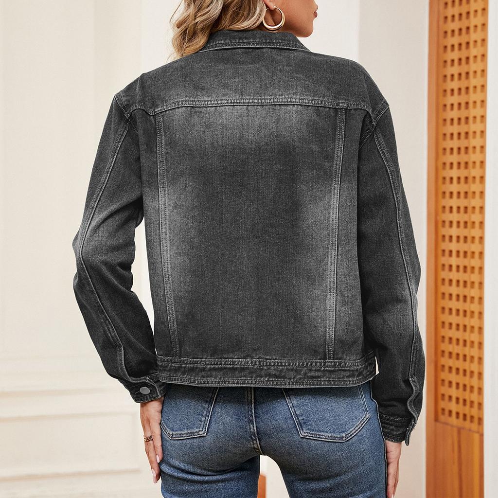 Женская модная универсальная классическая ретро джинсовая куртка однотонного цвета с лацканами, длинными рукавами и карманами