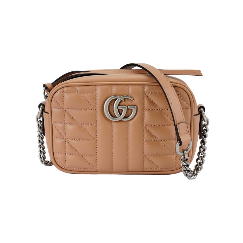 Gucci GG Marmont Marmont Silver Label Logo Quilted Chain Shoulder Strap Camera Bag Leather Shoulder Crossbody Bag Women's Milk Brown