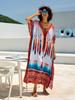 2024 Women Tribal Style Printed Robe Dress Loose V-neck Kaftan Holiday Boho Summer Beachwear Swimsuit Cover Up Q1674