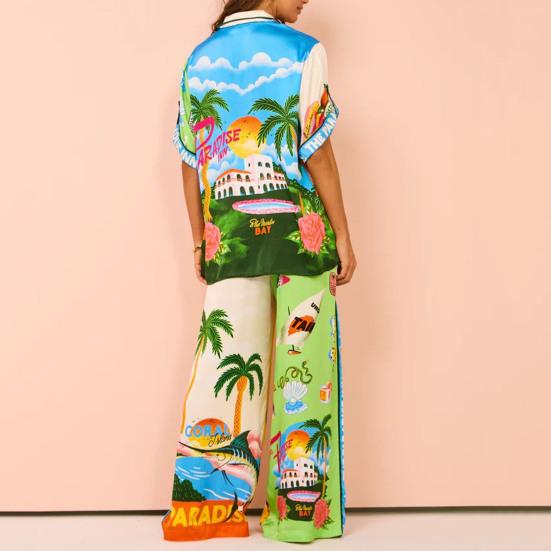 Женский комплект из 2 шт./компл., однобортный однобортный короткий стиль, рубашка с ярким принтом, брюки, топ с рукавами и лацканами для отдыха на Гавайях