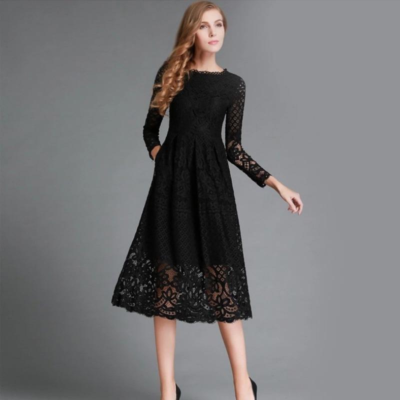 Women's Summer Round Neck Hollow Simple Lace Long Sleeve Slim Midi Dresses