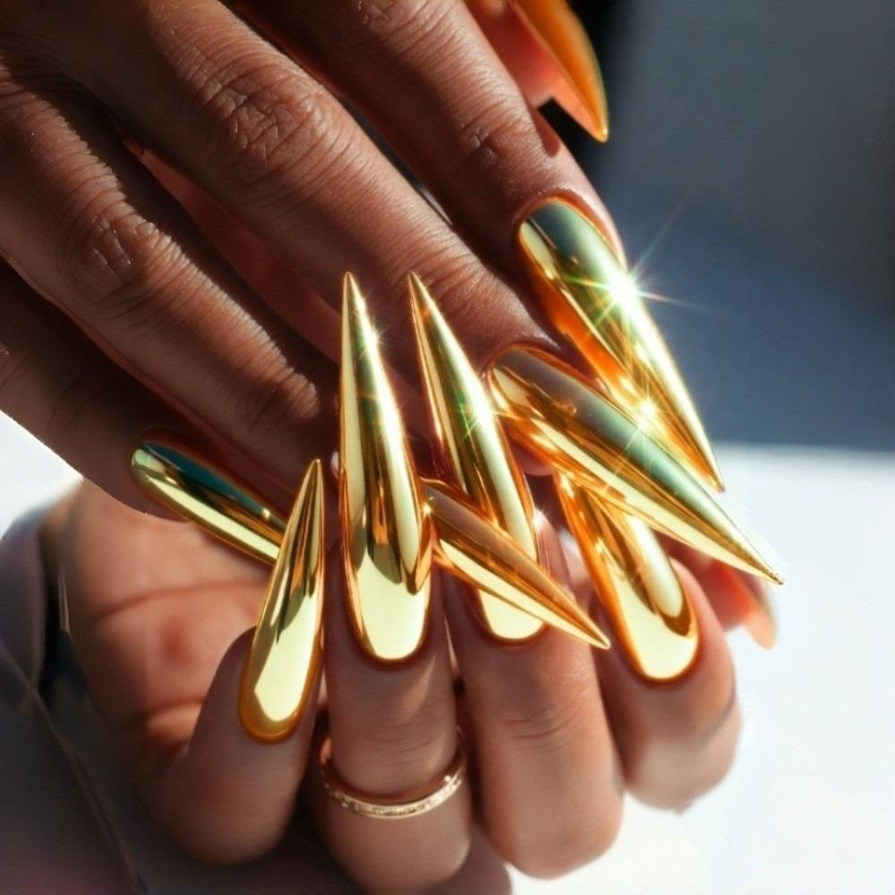 Gold Long Almond Fake Nails Finished Mirror Surface False Nails Detachable Press on Nails Nail Art