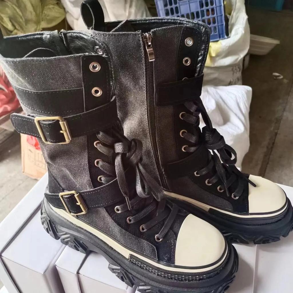 Ботинки Rock Shoes Женские Роскошные Дизайнерские На Низком Каблуке-Женские Модные 2026 года С Круглым Носком Женские Осенние Средней Высоты На Молнии Хлопчатобумажная Ткань