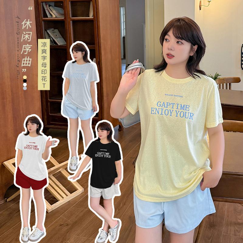 Large size women's Korean loose short-sleeved t-shirt women's summer new round neck letter printed top 252497