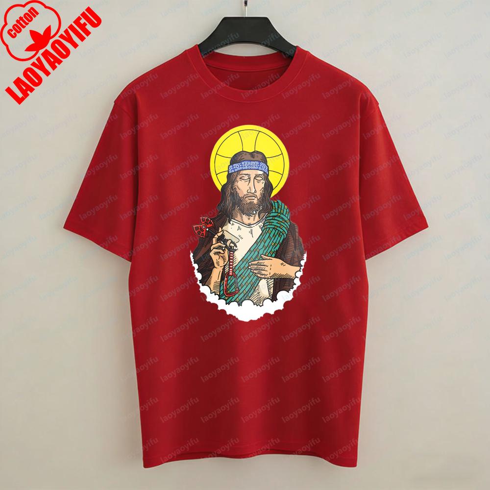 Jesus Christ with Rosary and Halo Women Mens Tee Religious Art Christian TShirt Summer Casual Wear Faith Apparel Unisex Tops