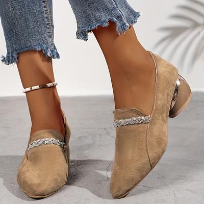 Женские лоферы с острым носком и кристаллами, повседневная обувь на среднем каблуке из массивной замши, новинка осени 2024 года, удобные туфли Zapatos Mujer