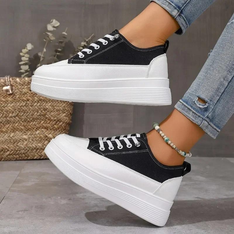 Обувь для женщин 2025 Новые женские вулканизированные туфли на шнуровке Женские повседневные кроссовки Смешанные цвета Подошва-губка Женская повседневная обувь